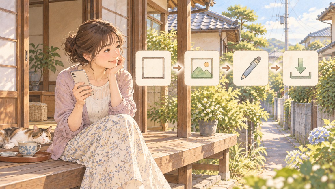 Canvaテンプレート｜スマホでひな形を選び、写真を入れて保存するまでの流れをつかむイメージ