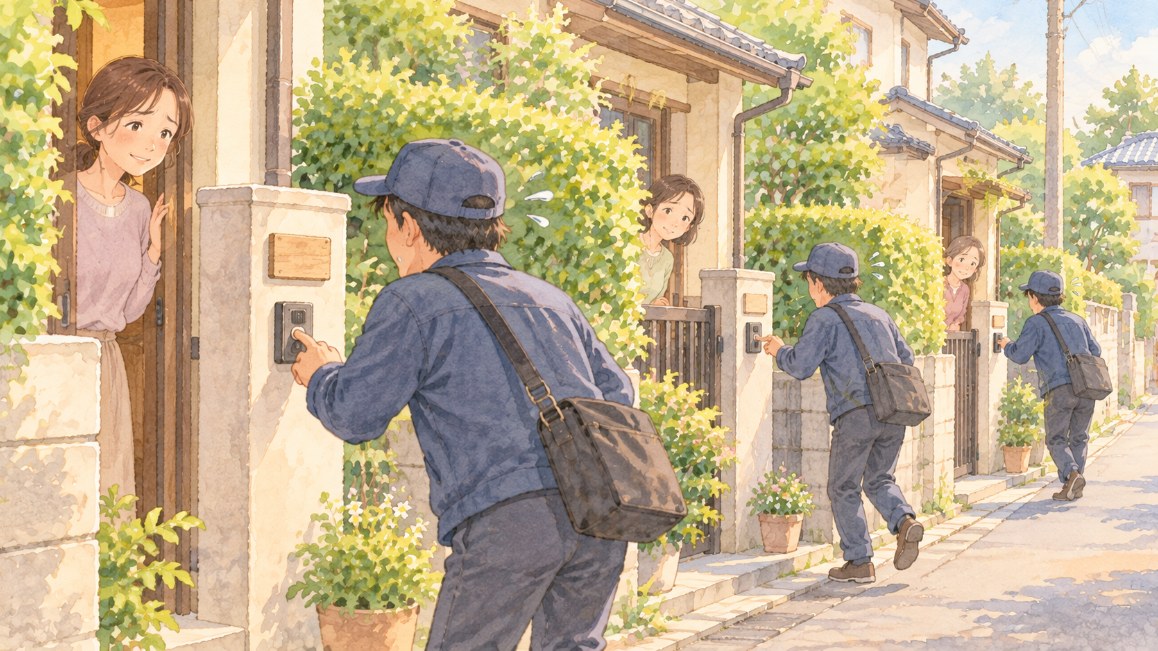 インスタのフォロワー｜ご近所の家を次々に回る人に、住人が困っているイメージ