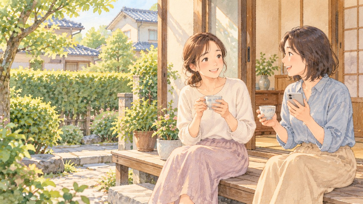 インスタのフォロワー｜縁側で、ご近所さんと世間話を楽しむ女性たちのイメージ