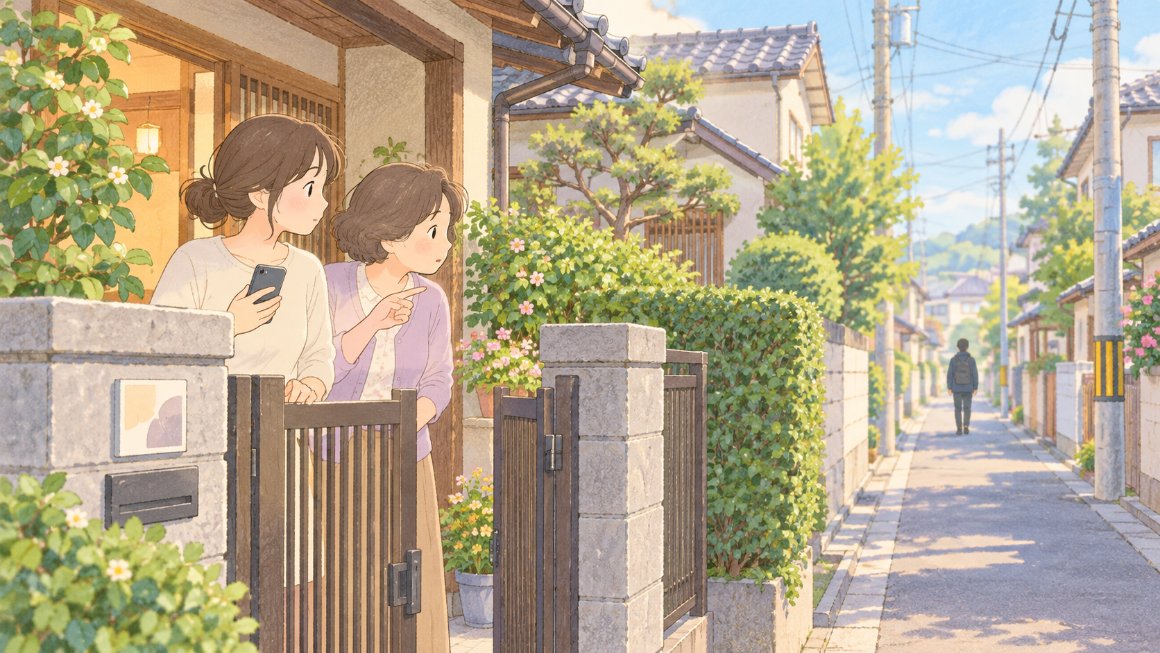 インスタの不正ログイン通知｜見たことのない来客の知らせを受けて、ご近所さんが玄関先で落ち着いて確かめるイメージ