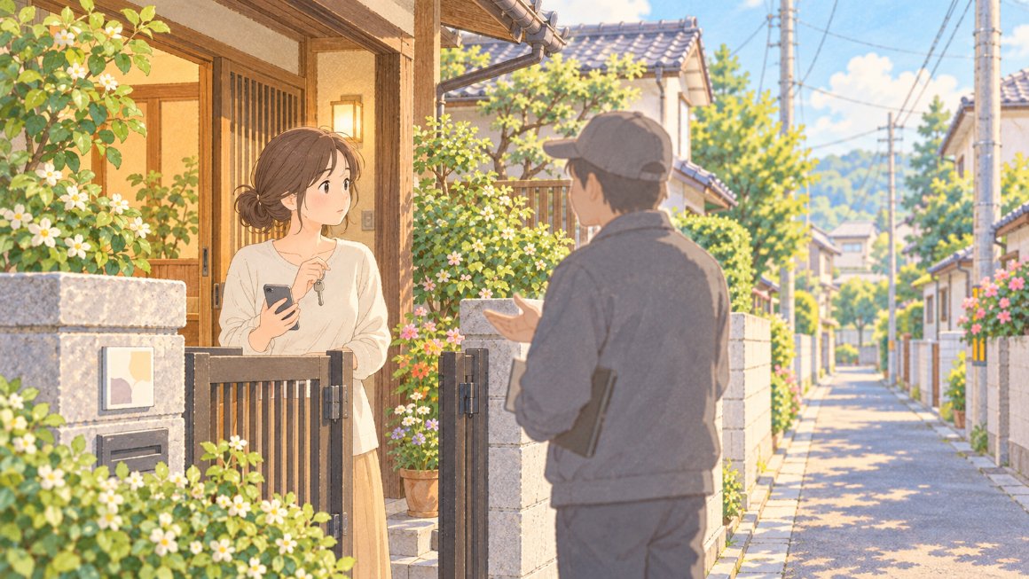 インスタの不正ログイン通知｜町内会の役員さんを名乗る人の話を、玄関先でひと呼吸おいて確かめるイメージ