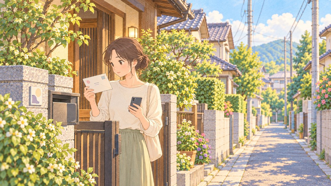 インスタの不正ログイン通知｜郵便受けに届いた見慣れない封筒の差出人を、ご近所さんが開ける前に確かめるイメージ