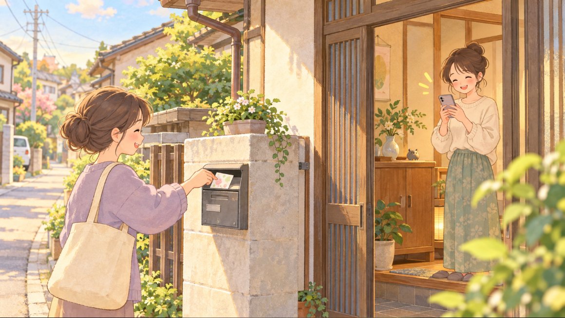 ストーリーズの足跡|玄関先に届いたメモを、家の人だけが確認するイメージ