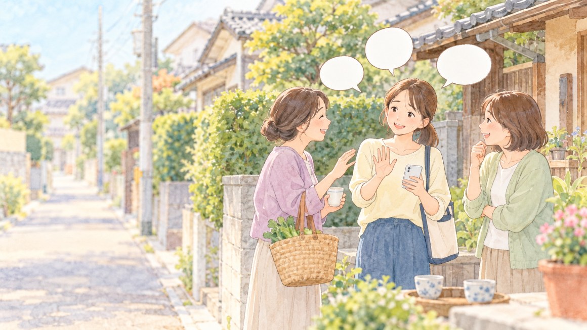 インスタの人気投稿|井戸端で話題が次々と届き、ひと息ついて整理するイメージ