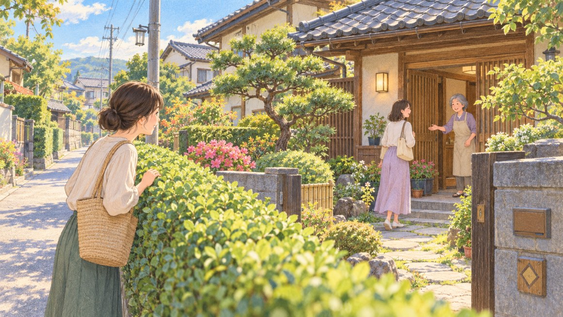 インスタのPC版｜垣根ごしに見える庭先と、招かれて玄関から入る人のイメージ