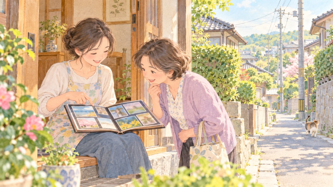 インスタのPC版｜何枚もの写真を1冊のアルバムにまとめて、ご近所さんに見せるイメージ