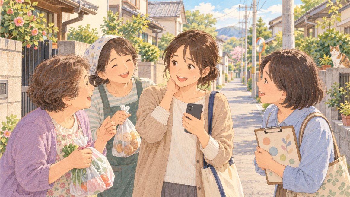 インスタの通知｜ご近所さんから立て続けに話しかけられて、少し困っているイメージ